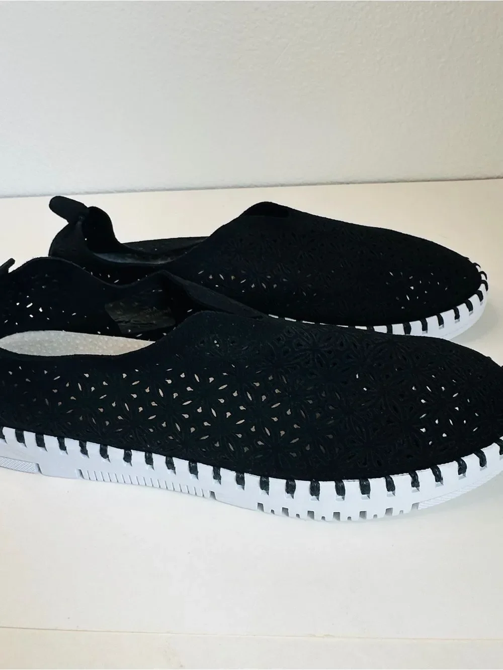 Project Cloud Black Suede Leather Lazer Cut Slip on Shoes